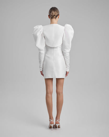 JOY DRESS + PUFFED SLEEVE BOLERO | strapless mini in white