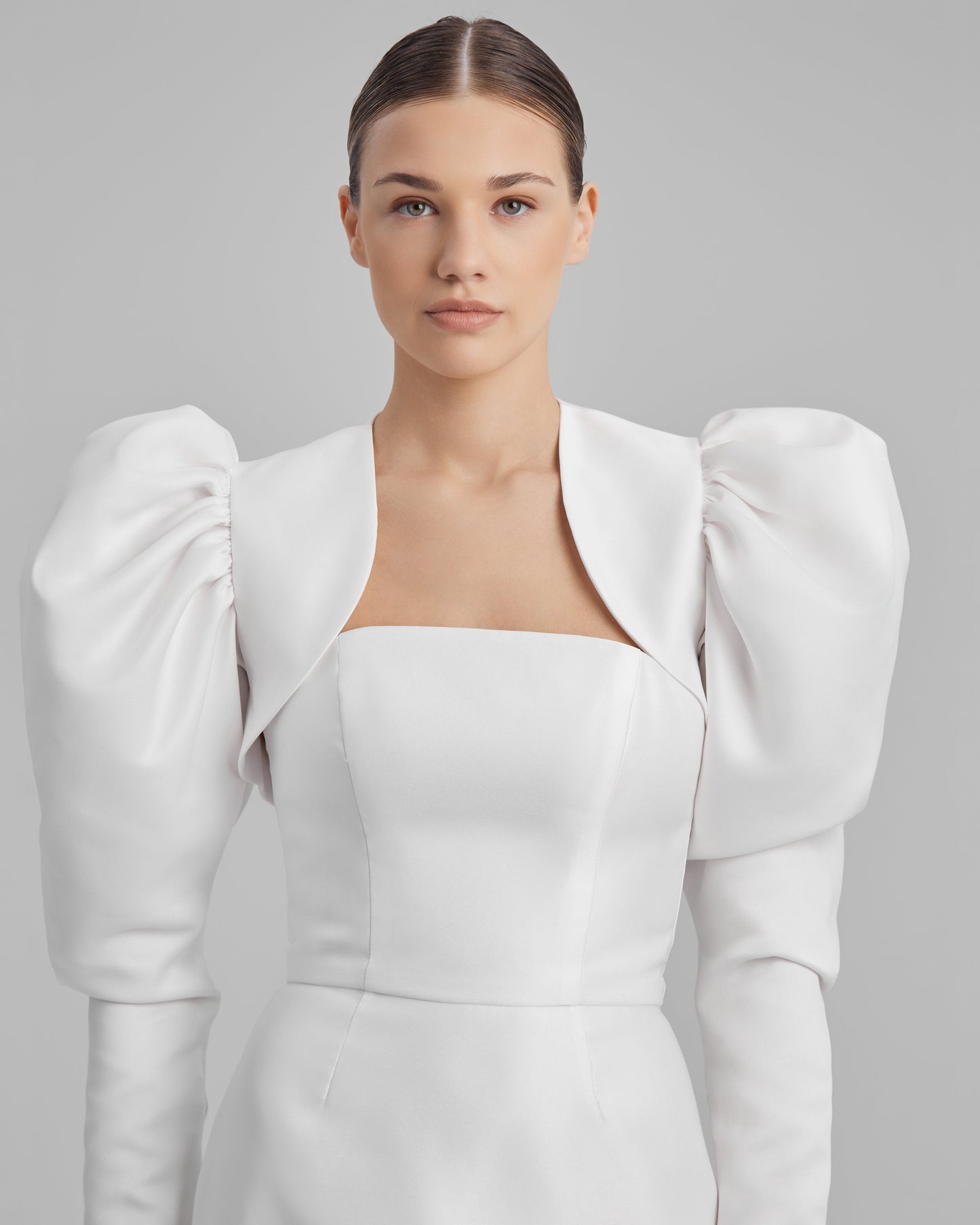 JOY DRESS + PUFFED SLEEVE BOLERO | strapless mini in white