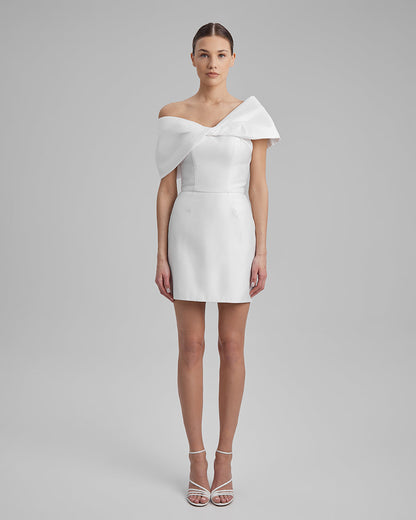 JOY DRESS + SHOULDER BOW | strapless mini in white