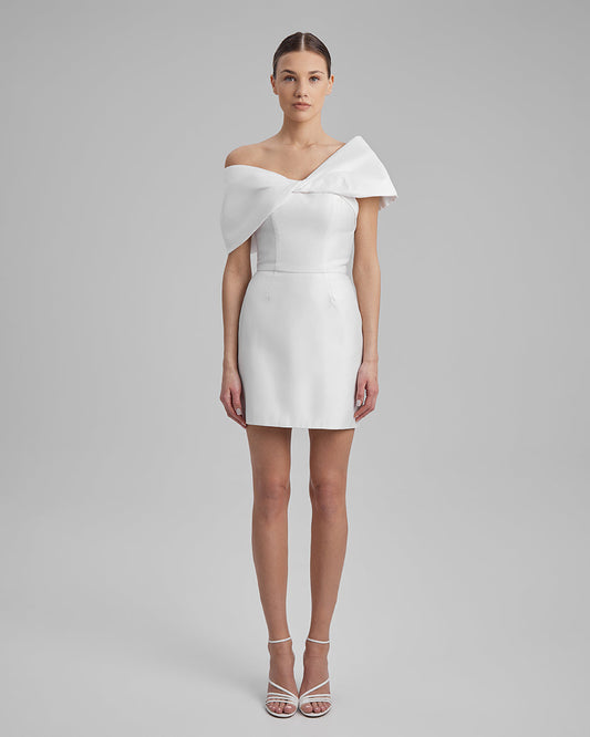 JOY DRESS + SHOULDER BOW | strapless mini in white