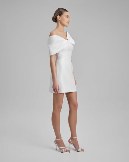 JOY DRESS + SHOULDER BOW | strapless mini in white