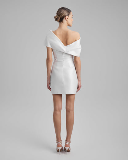 JOY DRESS + SHOULDER BOW | strapless mini in white