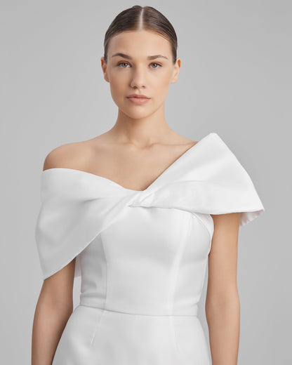 JOY DRESS + SHOULDER BOW | strapless mini in white