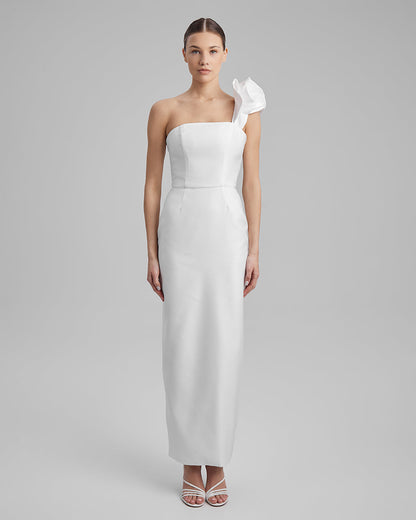 GIGI DRESS + FRILL | strapless cone maxi in white