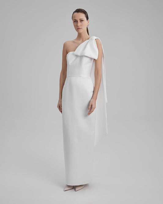 GIGI DRESS + CAPE BOW | strapless cone maxi in white