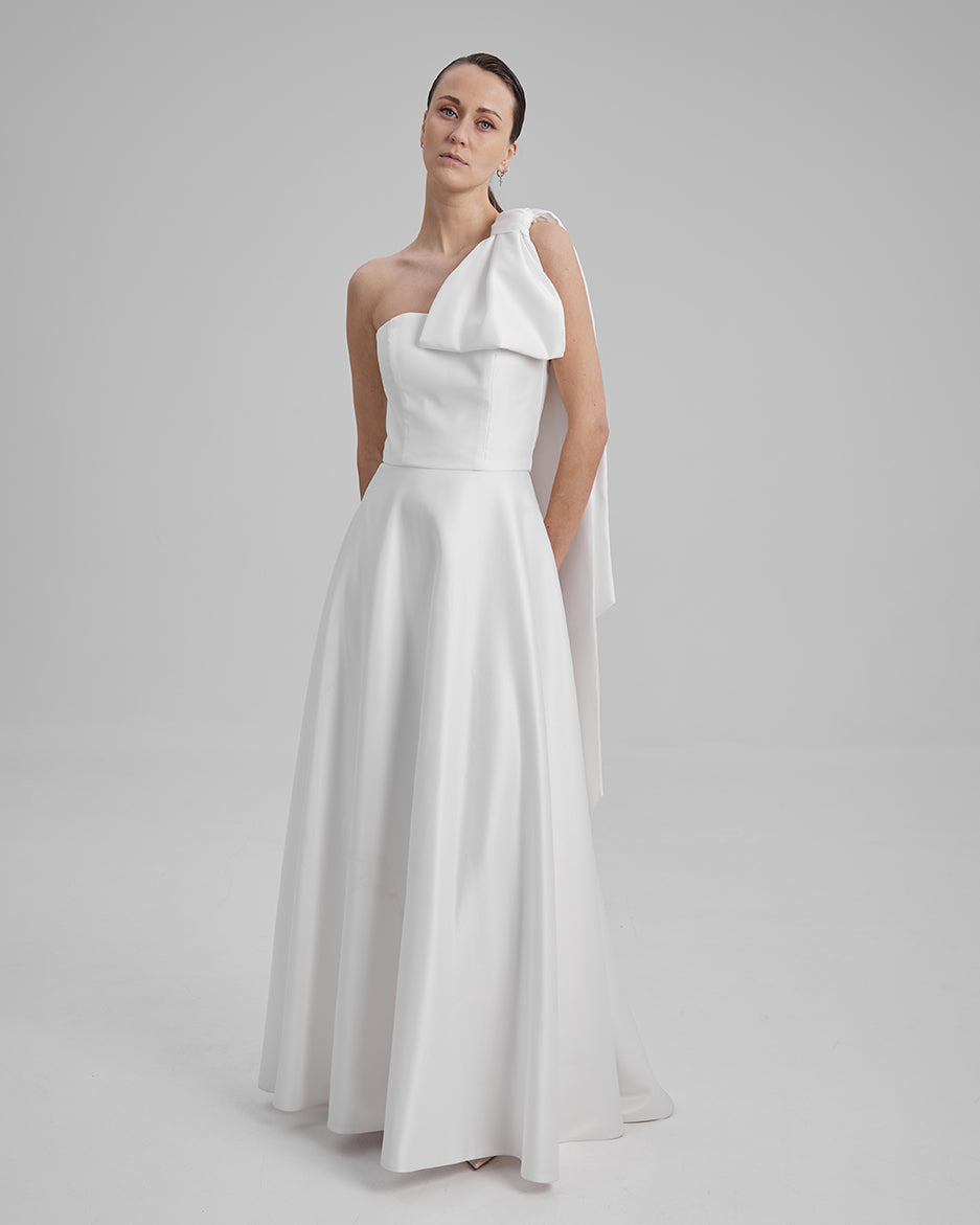 EVE DRESS + CAPE BOW | Strapless A line maxi dress in white