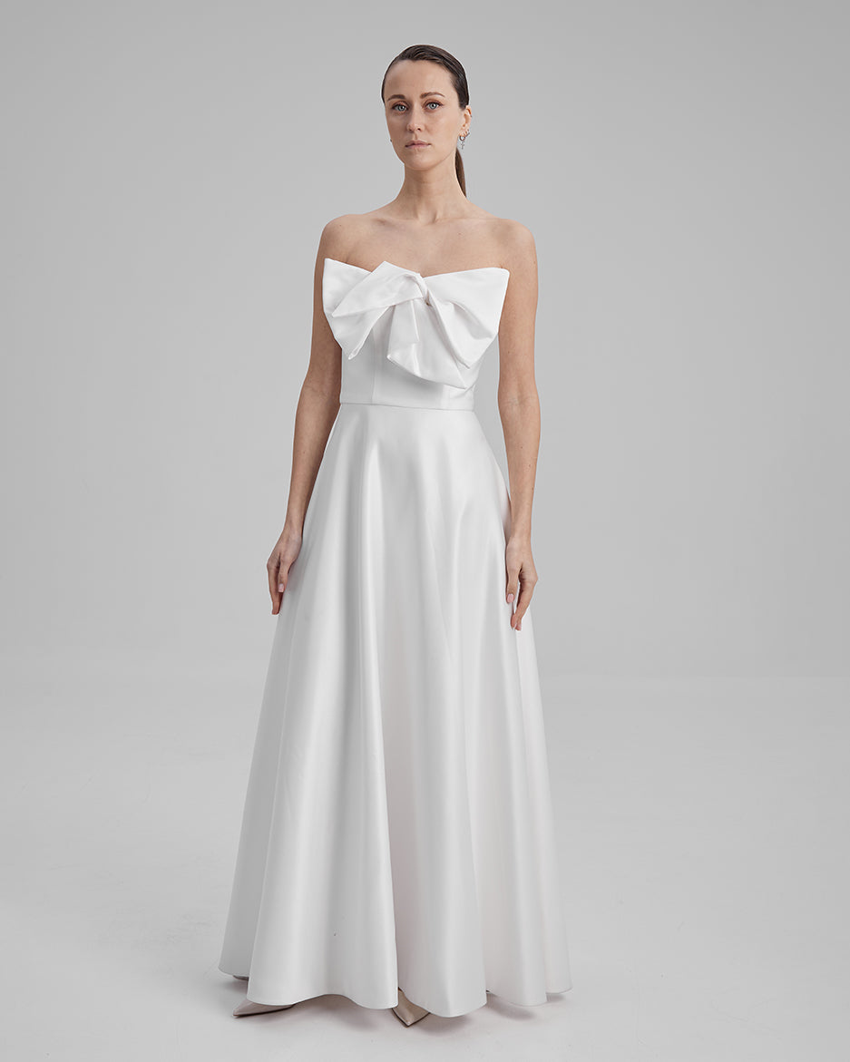 EVE DRESS + SMALL BOW | Strapless A line maxi dress in white