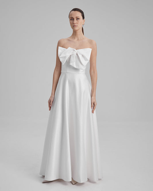 EVE DRESS + SMALL BOW | Strapless A line maxi dress in white