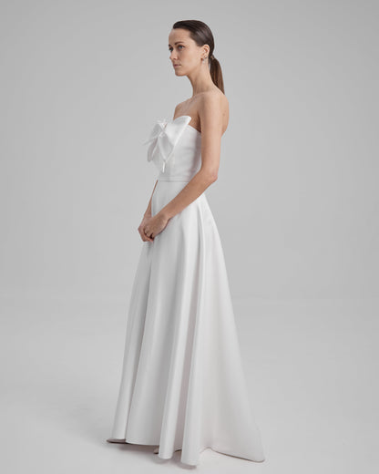 EVE DRESS + SMALL BOW | Strapless A line maxi dress in white