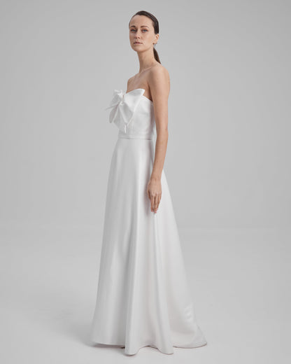 EVE DRESS + SMALL BOW | Strapless A line maxi dress in white