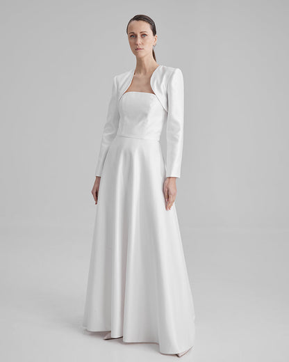 EVE DRESS + BOLERO | Strapless A line maxi dress in white