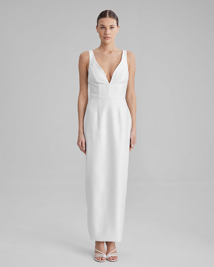 AVA DRESS | V neck pencil maxi in white