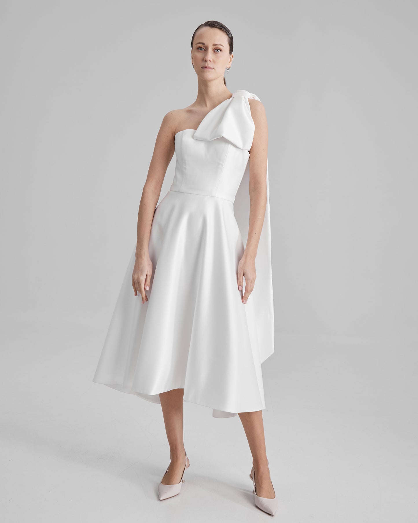 MIA DRESS + CAPE BOW | strapless midi in white