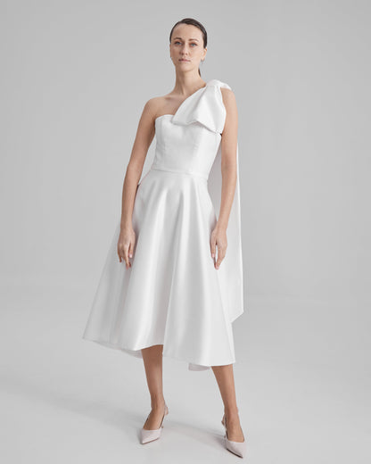 MIA DRESS + CAPE BOW | strapless midi in white