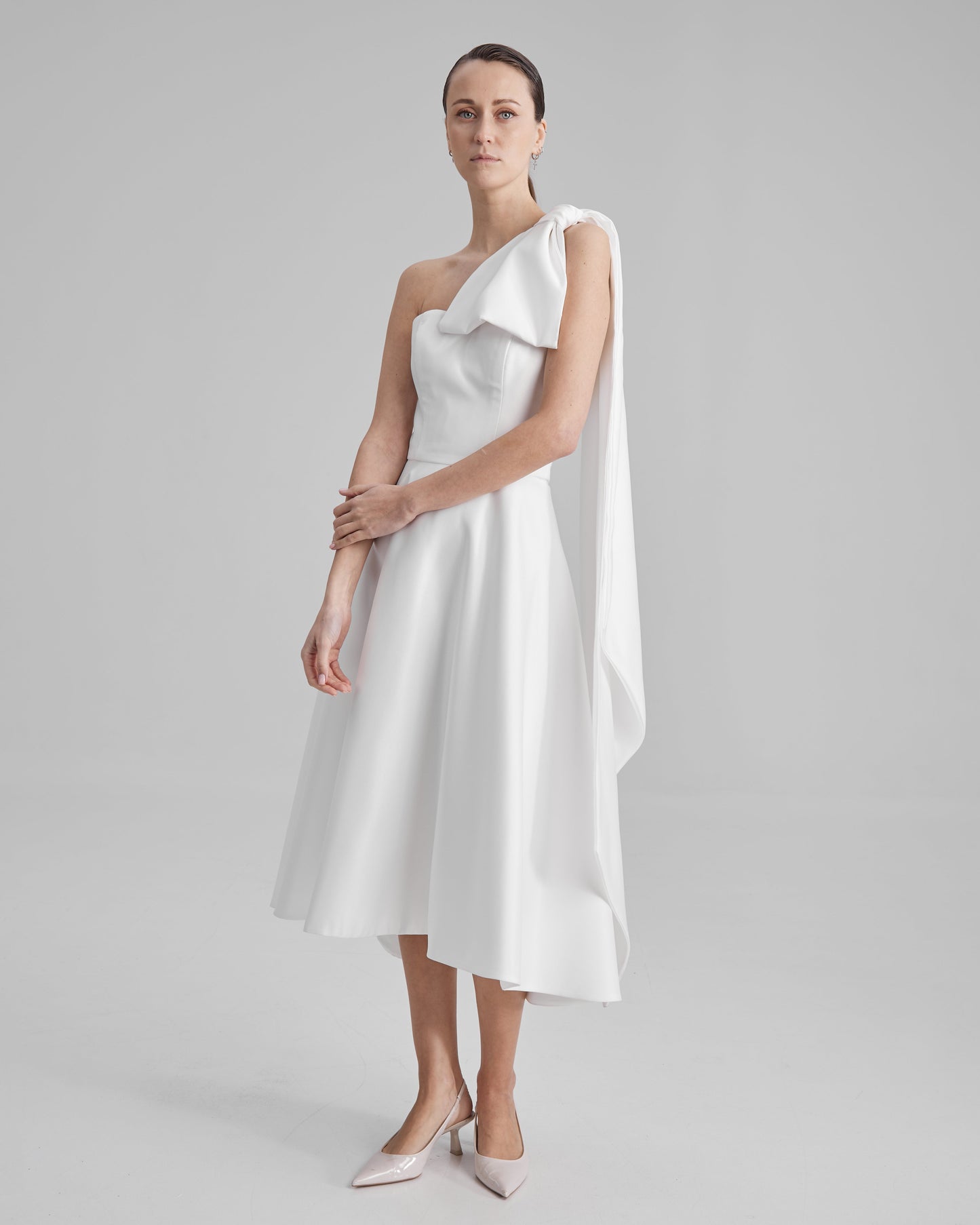 MIA DRESS + CAPE BOW | strapless midi in white