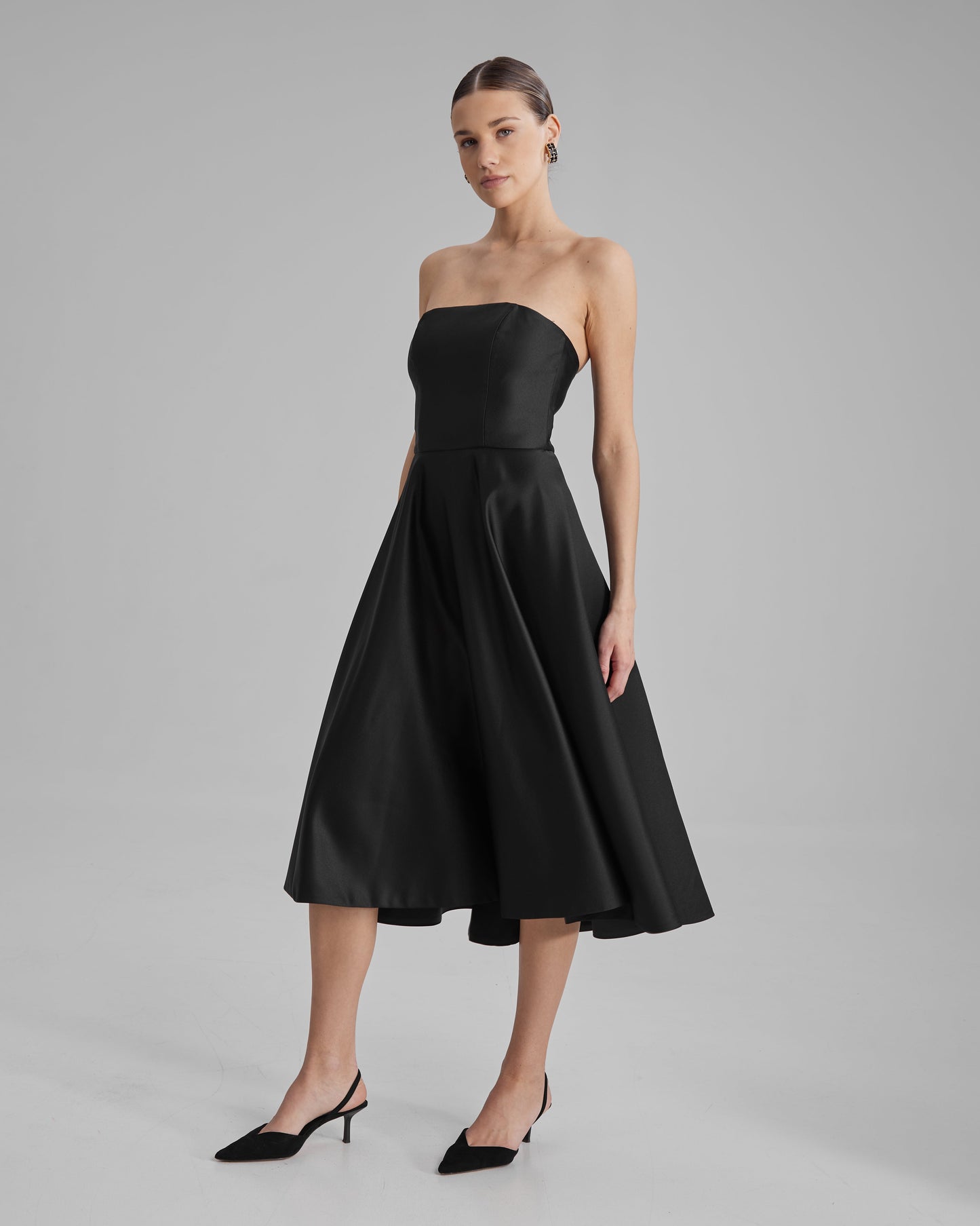 MIA DRESS | strapless A line midi in black