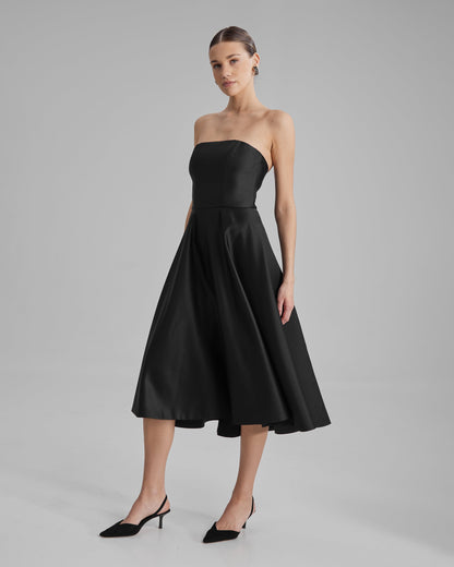 MIA DRESS | strapless A line midi in black