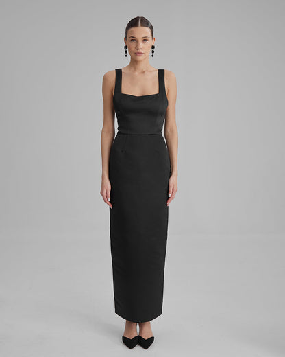 IDA DRESS | square neckline pencil maxi in black