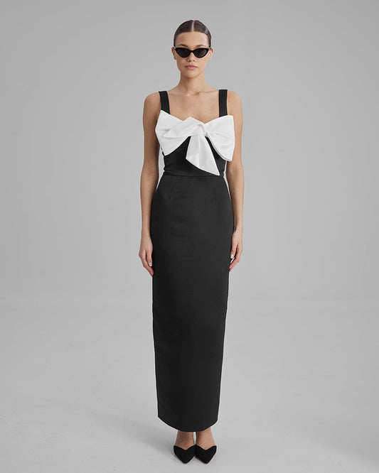 IDA DRESS + SMALL BOW | square neckline pencil maxi in black