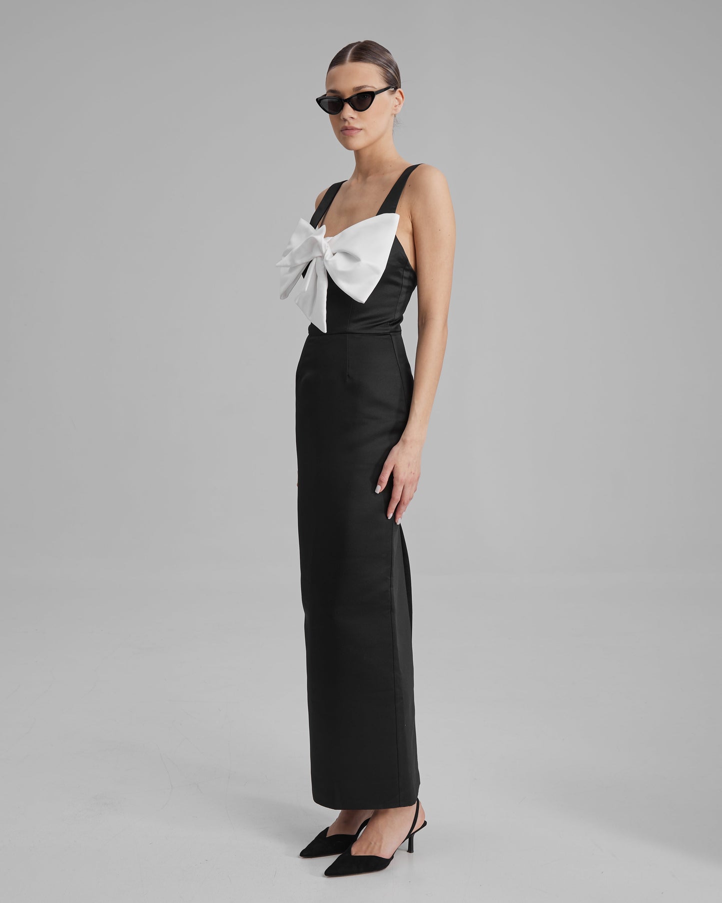 IDA DRESS + SMALL BOW | square neckline pencil maxi in black