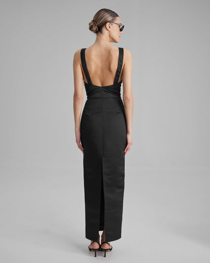 IDA DRESS + SMALL BOW | square neckline pencil maxi in black