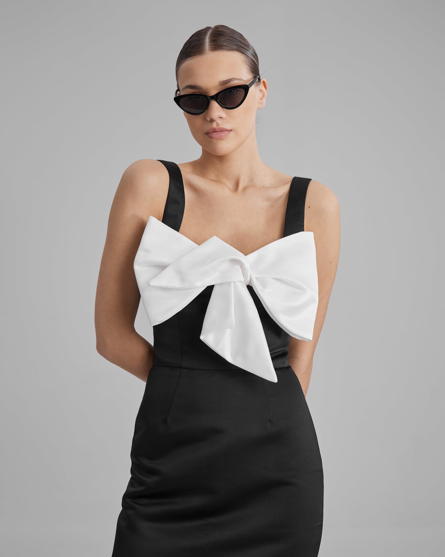 IDA DRESS + SMALL BOW | square neckline pencil maxi in black