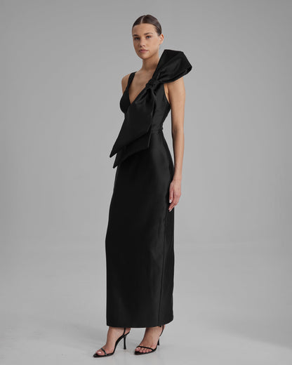 AVA DRESS + SIDE BOW | V neck pencil maxi in black