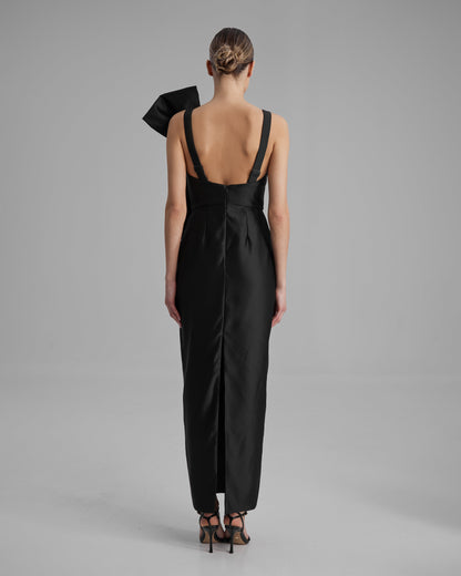 AVA DRESS + SIDE BOW | V neck pencil maxi in black