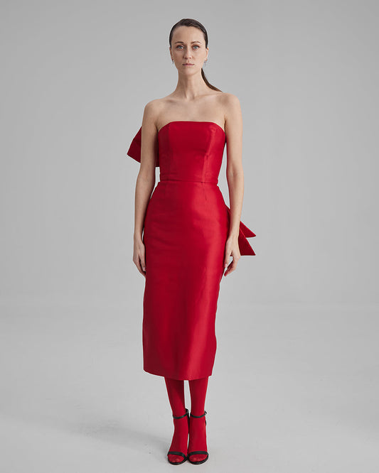 KIRA DRESS + SIDE BOW | strapless pencil midi in red