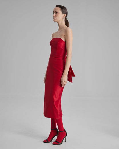 KIRA DRESS + SIDE BOW | strapless pencil midi in red