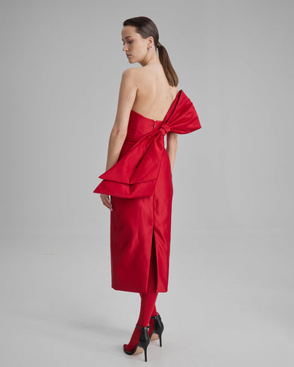 KIRA DRESS + SIDE BOW | strapless pencil midi in red