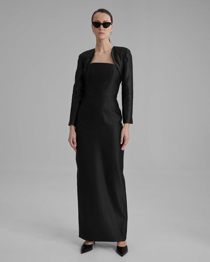 GIGI DRESS + BOLERO | strapless cone maxi in black