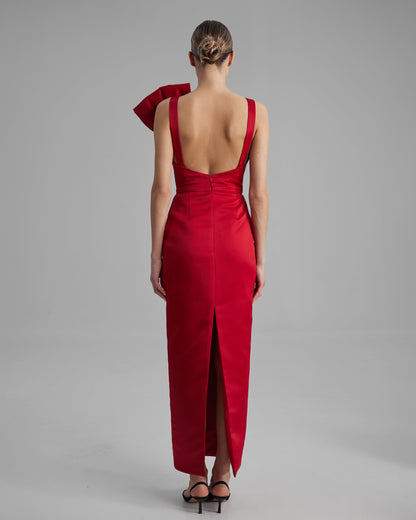 AVA DRESS + SIDE BOW | V neck pencil maxi in red