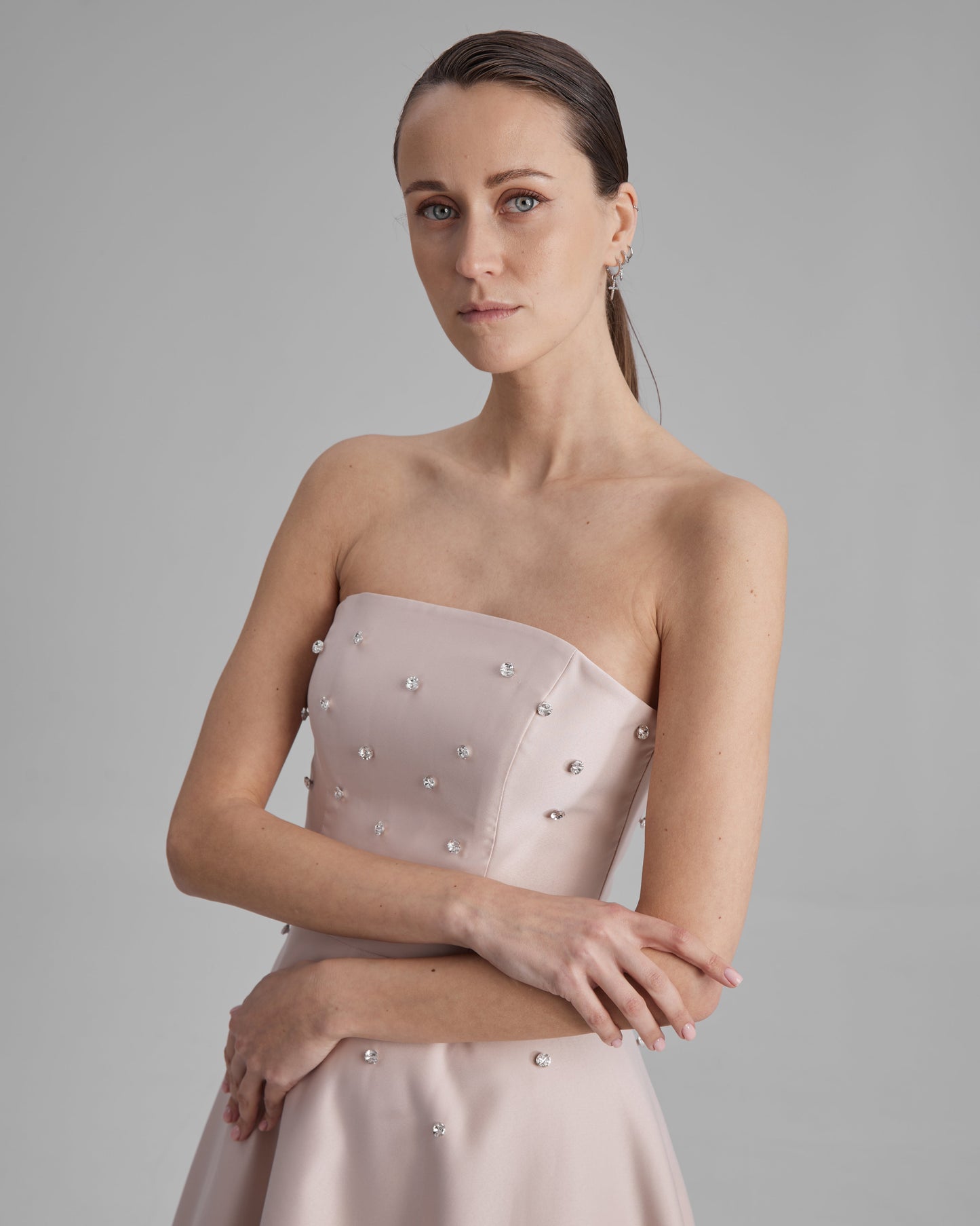 MIA DRESS + DIAMONDS | strapless A line midi in nude