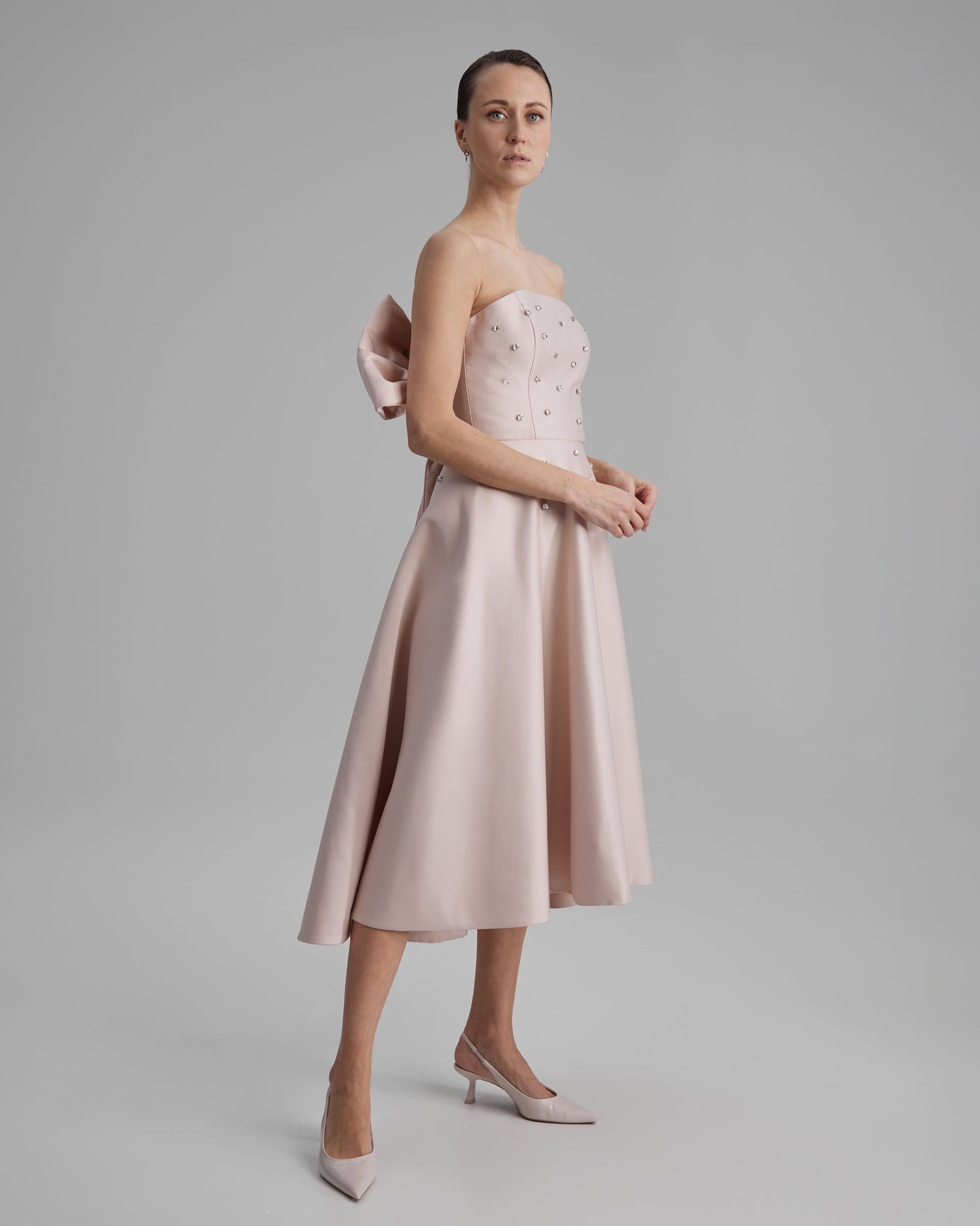 MIA DRESS WITH DIAMONDS + SIDE BOW | strapless midi in nude