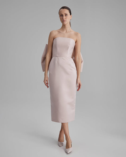 KIRA DRESS + BIG BOW | strapless pencil midi in apricot pink