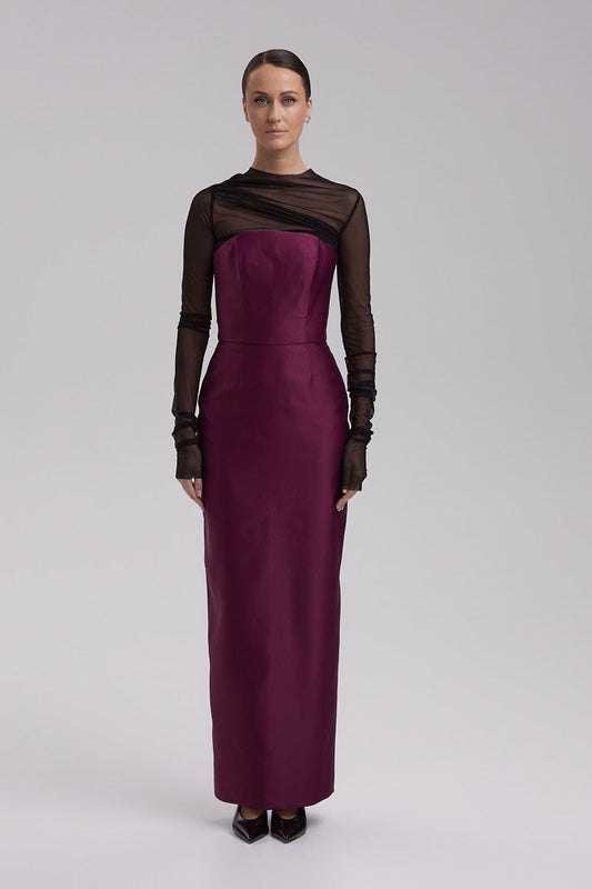 GIGI DRESS + DRAPED TULLE TOP | strapless cone maxi in deep burgundy