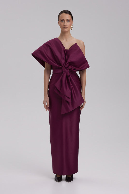 GIGI DRESS + KIMONO BOW | strapless cone maxi in deep burgundy
