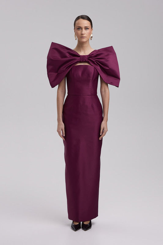 GIGI DRESS + OBI BOW | strapless cone maxi in deep burgundy