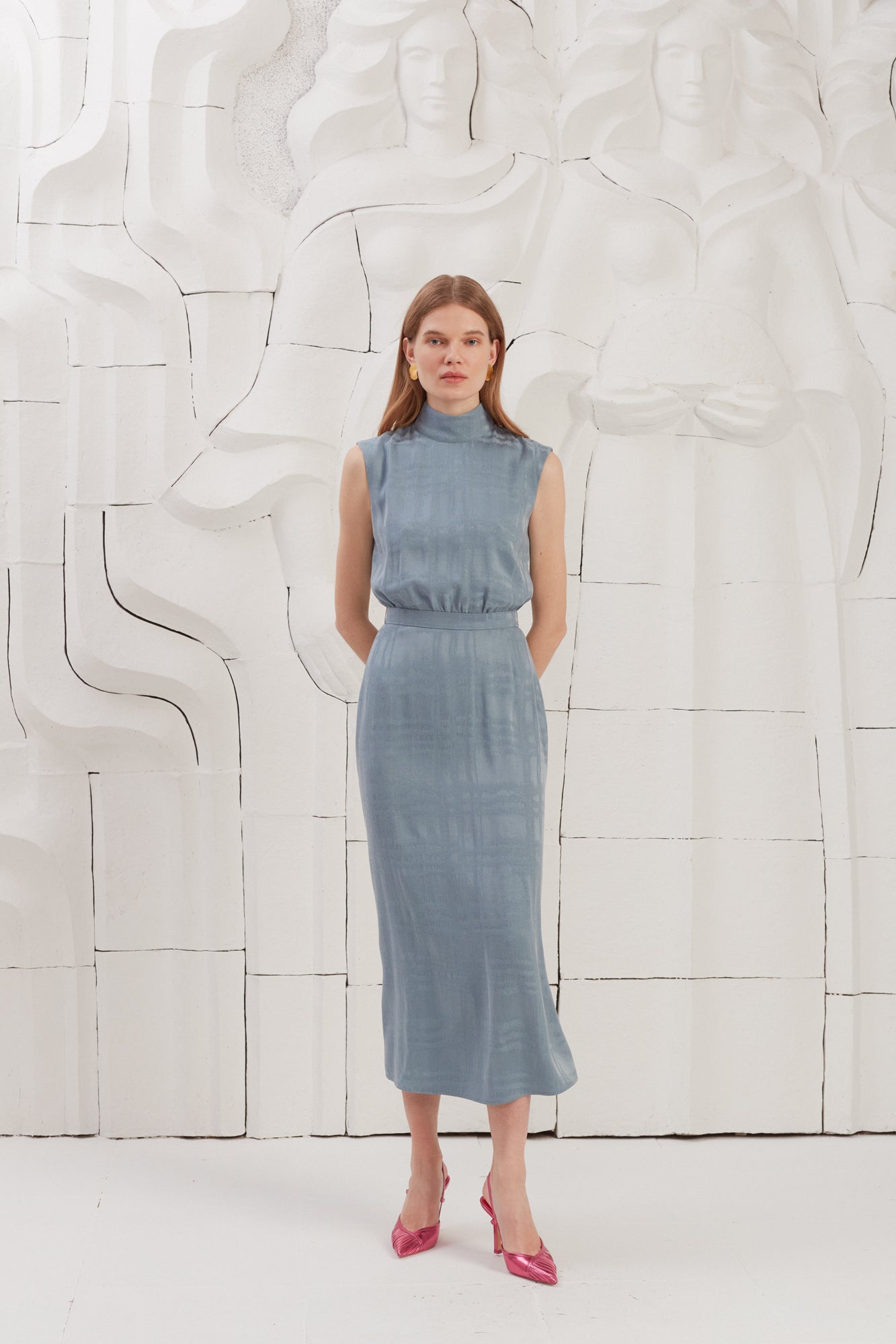 BLANCA Stone Blue Turtleneck Open Back Cupro Midi Dress