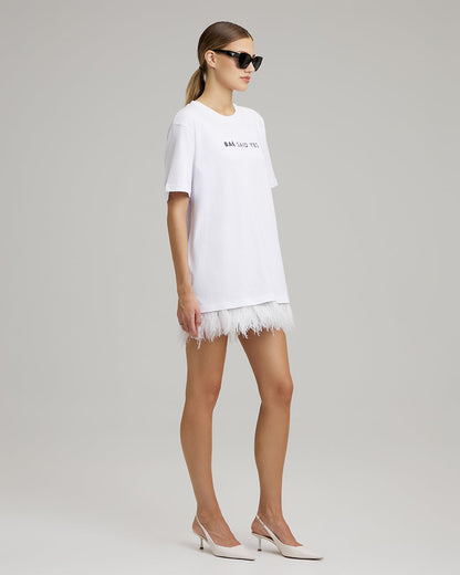 T-SHIRT DRESS WITH FEATHERS | BAÉ said yes in white