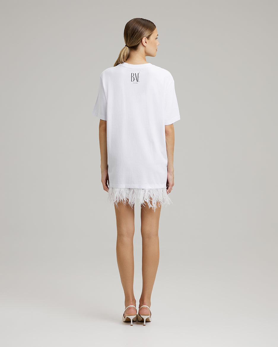 T-SHIRT DRESS WITH FEATHERS | BAÉ team in white