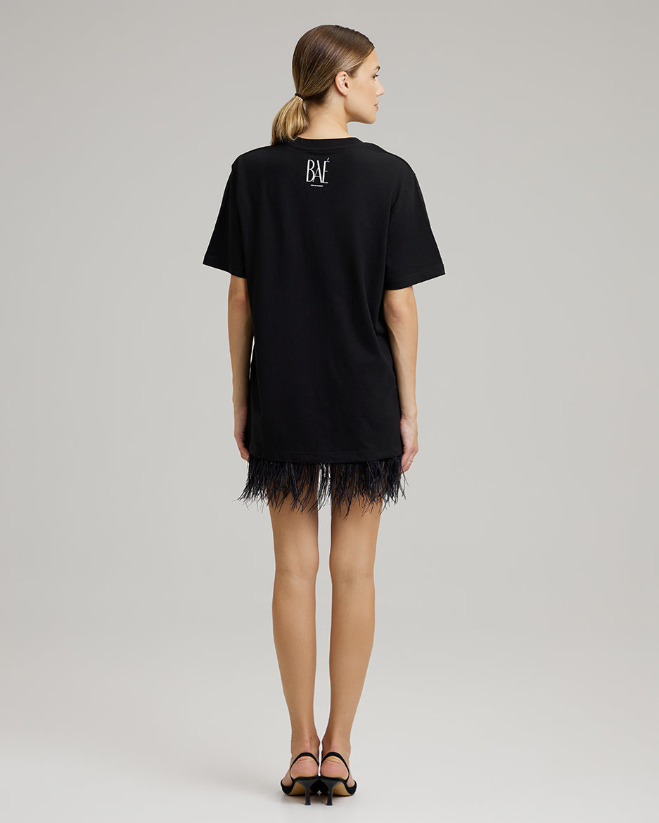 T-SHIRT DRESS WITH FEATHERS | in black