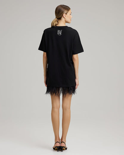 T-SHIRT DRESS WITH FEATHERS | in black