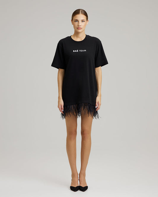 T-SHIRT DRESS WITH FEATHERS | BAÉ team in black