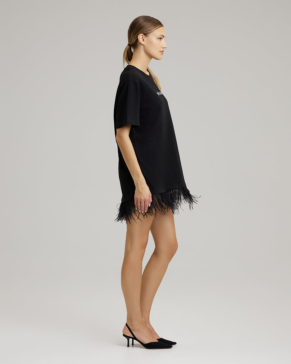 T-SHIRT DRESS WITH FEATHERS | BAÉ team in black