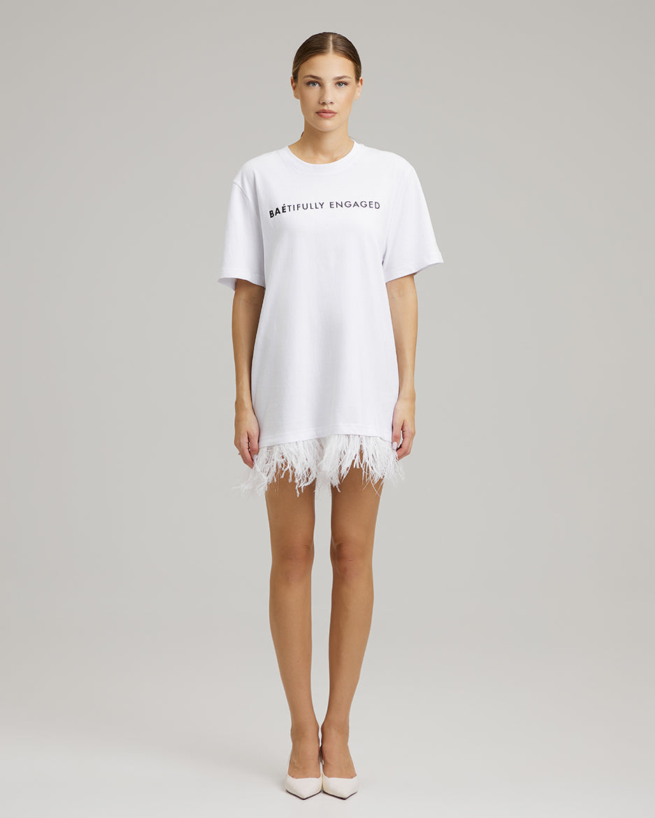 T-SHIRT DRESS WITH FEATHERS | BAÉtifully engaged in white