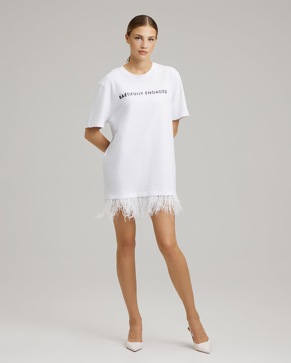 T-SHIRT DRESS WITH FEATHERS | BAÉtifully engaged in white