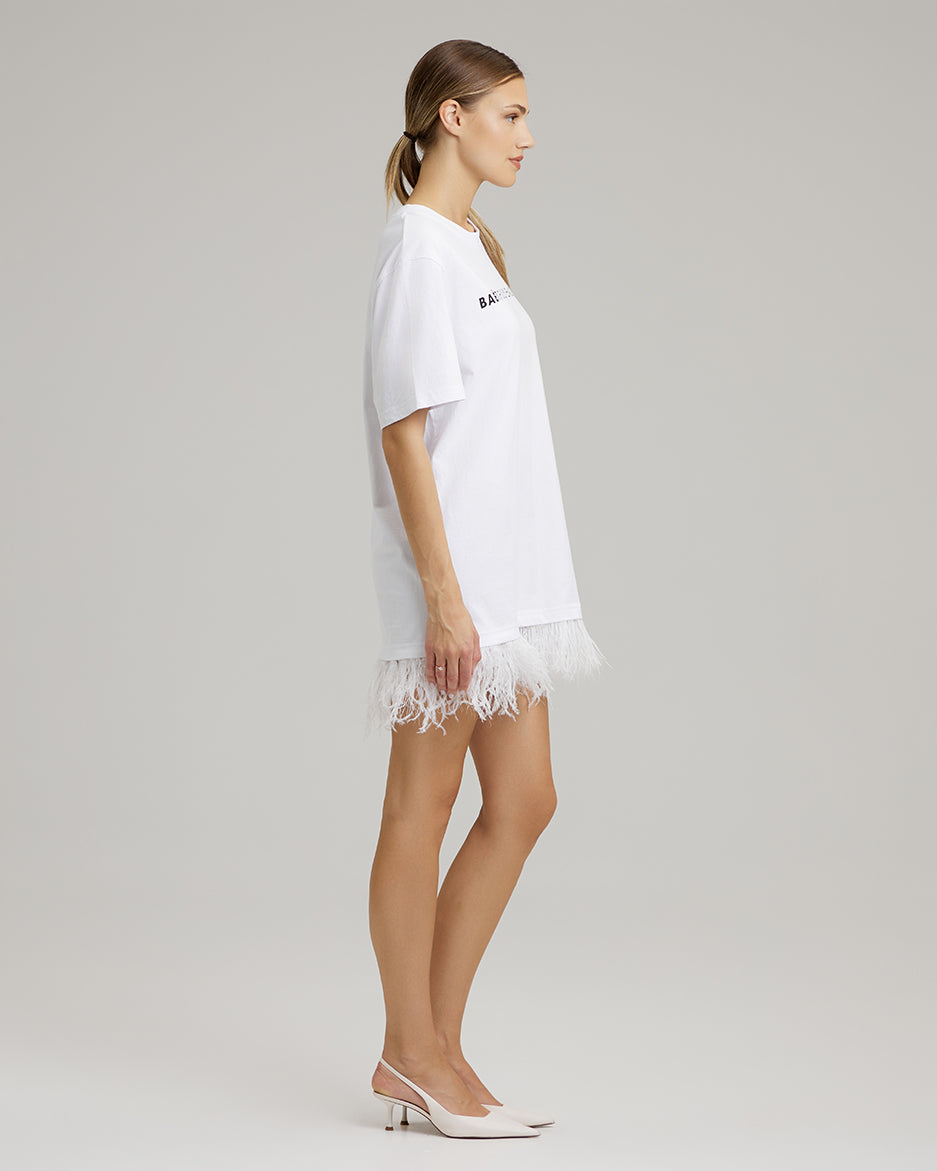 T-SHIRT DRESS WITH FEATHERS | BAÉtifully engaged in white