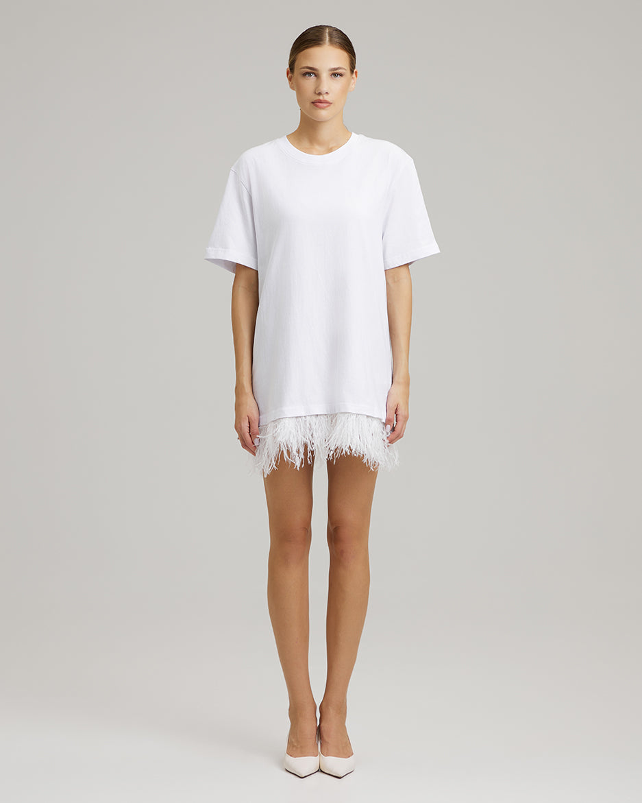 T-SHIRT DRESS WITH FEATHERS | in white